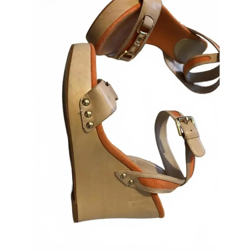Ralph Lauren Beige and Orange Wedge Sandals Buckle Straps 7 - Picture 2 of 8